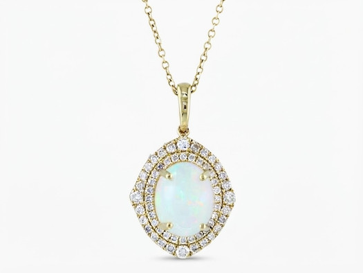 14K yellow gold EFFY Ethiopian opal and diamond double halo pendant necklace, front view on white background