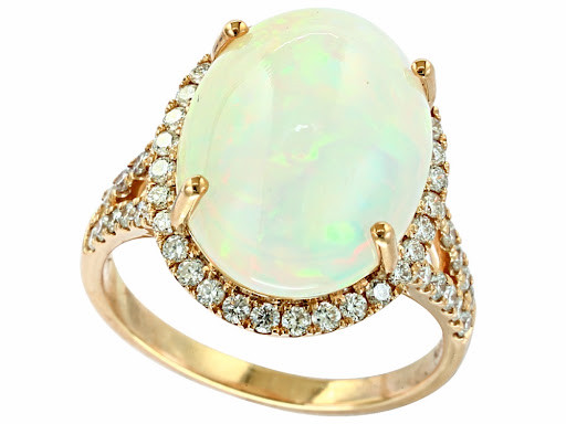 14K yellow gold EFFY Ethiopian opal and diamond ring on a pure white background, front angled view