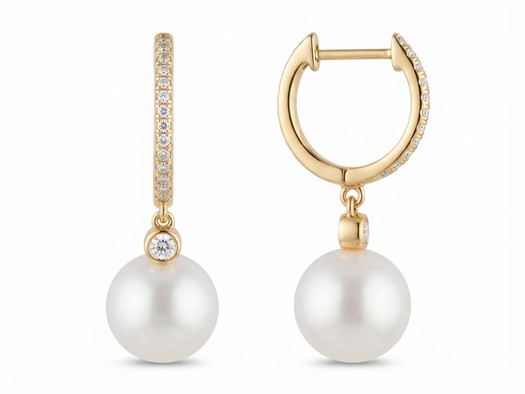 14K yellow gold EFFY freshwater pearl and diamond drop earrings on a clean white background