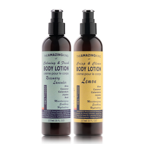 Pamper your skin with our CBD-Infused Daily Body Lotion, infused with 2000mg of full-spectrum CBD and available in two uplifting scents: Zesty Lemon or Calming Lavender-Rosemary. Pamper your skin with our CBD-Infused Daily Body Lotion, infused with 2000mg of full-spectrum CBD and available in two uplifting scents: Zesty Lemon or Calming Lavender-Rosemary.