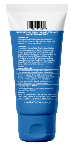 Amazing Kind Cooling Arnica Sports Gel tube back label – arnica, menthol, turmeric and botanical recovery blend for muscle and joint comfort