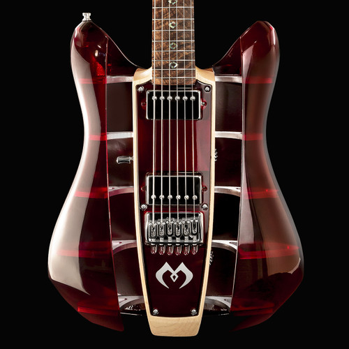 tenite translucent Cathedral Red hollow body guitar, close up front view tenite translucent Cathedral Red hollow body guitar, close up front view