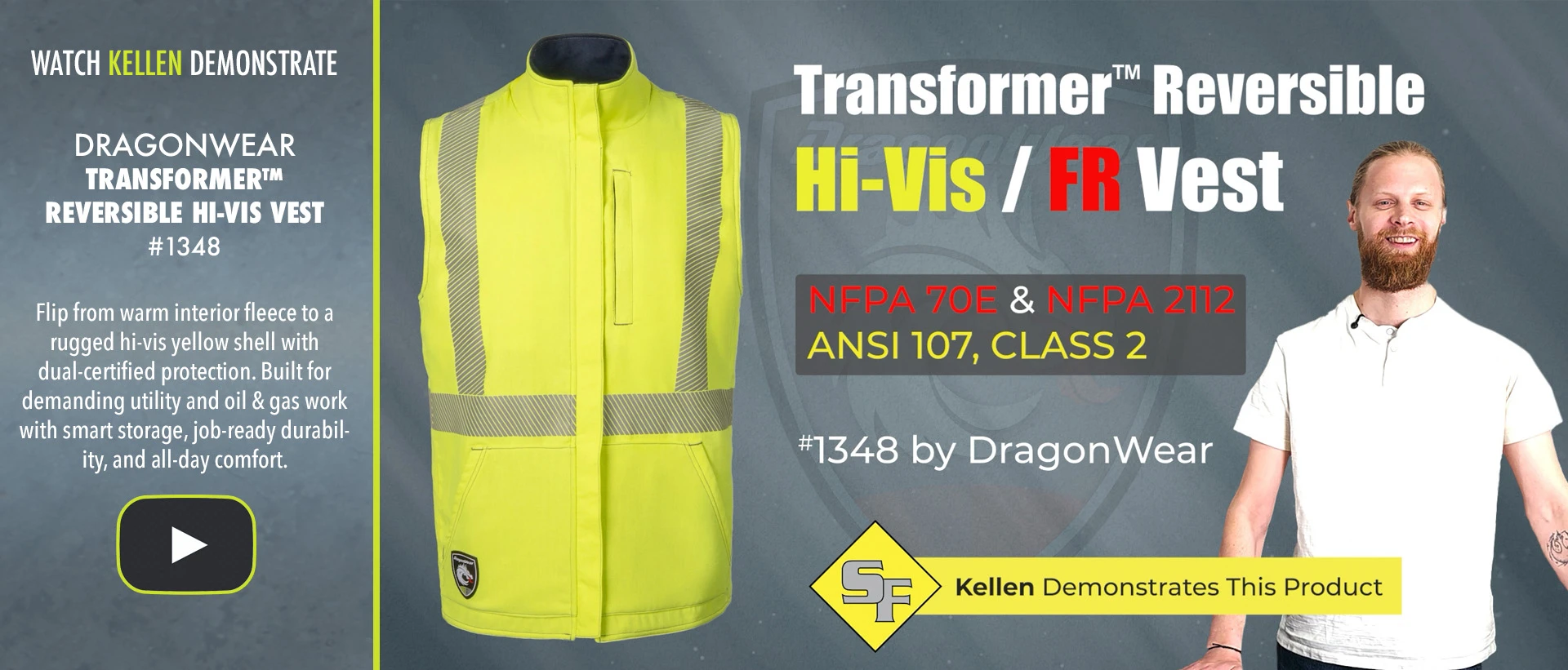 Watch Kellen demo the Dragonwear Transformer™ Reversible Hi-Vis Vest 1348