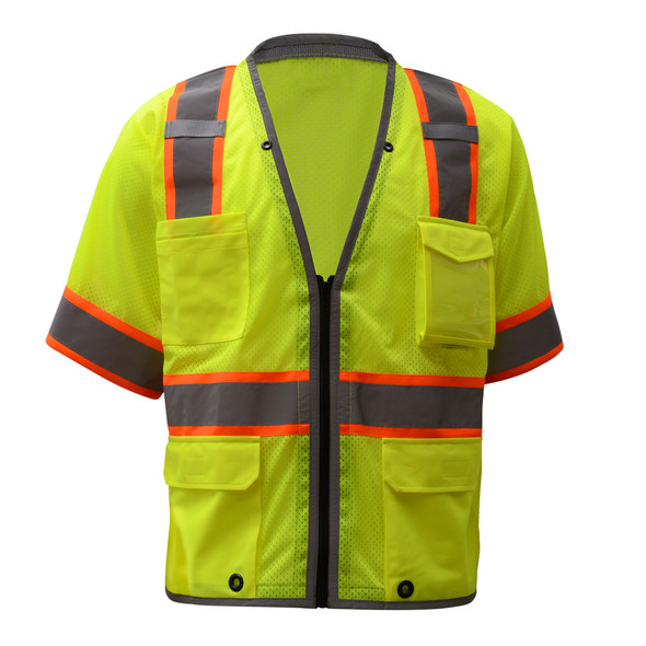 This is an ANSI Class 3 high visibility two-tone trim, lime economy safety vest with 6 pockets. With 2 inch tape, 4 outside and 2 inside pockets.