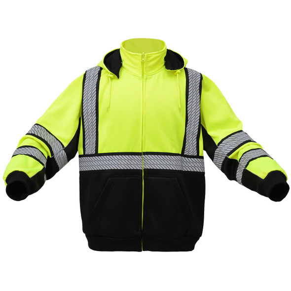 GSS Class 3 Hi Vis Premium ONYX Lime Zip Up Hooded Sweatshirt - Front