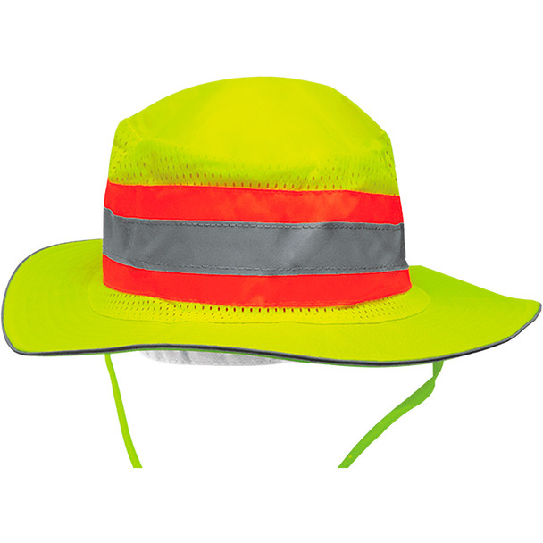 This ranger safari hat has a high-visibility yellow/green 150D Oxford polyester top with breathable mesh sides.