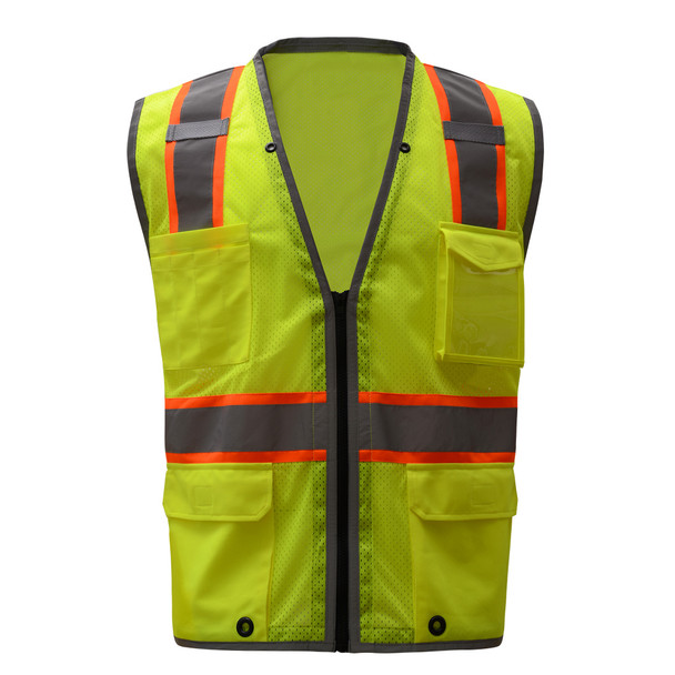 Class 2 Hi Vis Lime Mesh Vest 2 Tone Trim iPad Pockets  Front