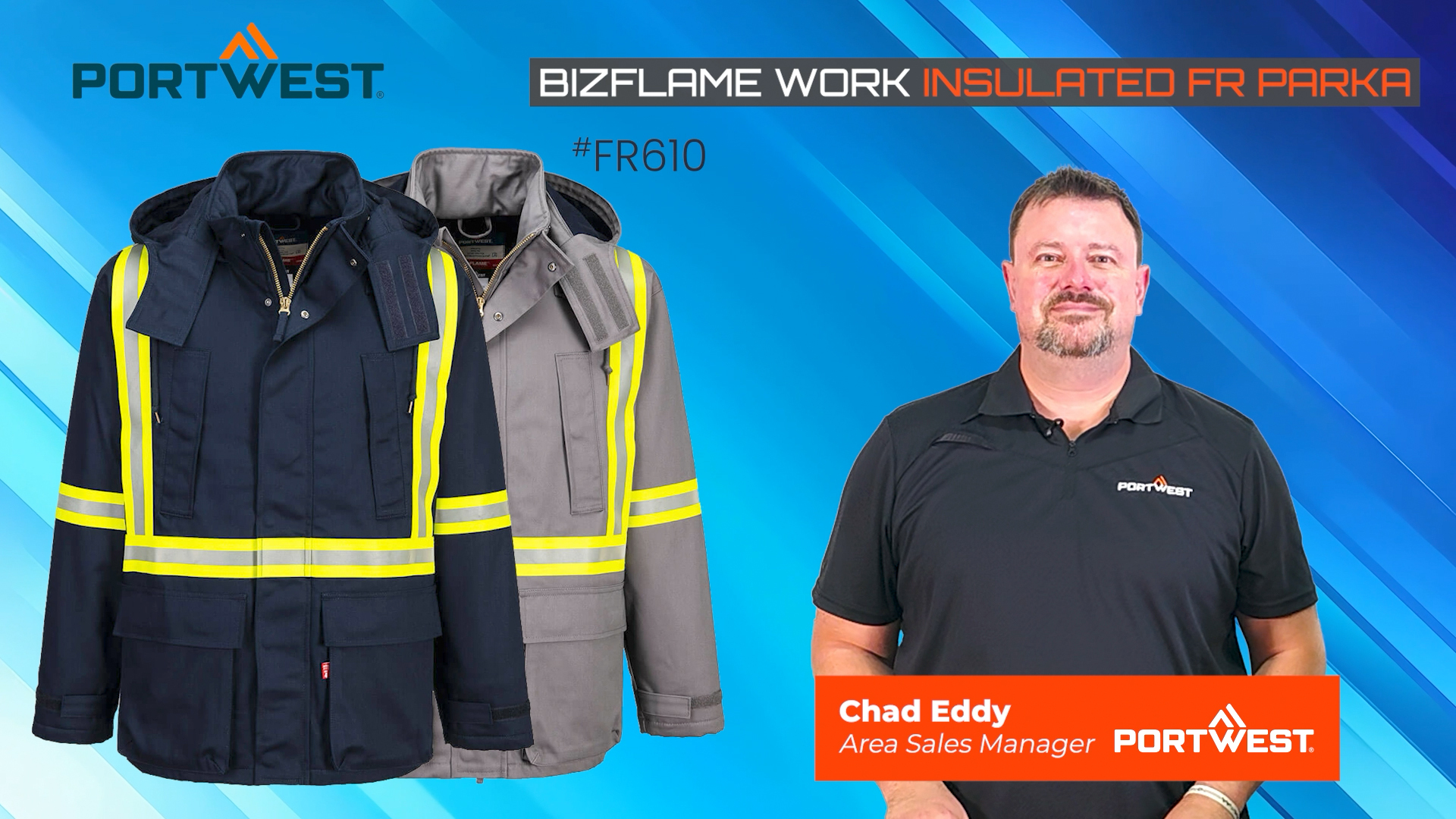 Chad features the Portwest Bizflame Work Insulated FR Parka Gray Navy FR610