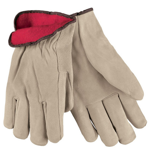 MCR Safety 3150S Driver Glove, Tan Split Cow Leather, Red Fleece Lined, Straight Thumb