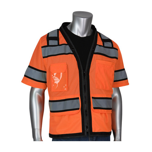 PIP 303-0800D ANSI Type R Class 3 Black Two-Tone Eleven Pocket Tech-Ready Mesh Surveyors Vest with "D" Ring Access Hi-Vis Orange