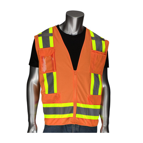 PIP 302-0500D-OR ANSI Type R Class 2 Two-Tone Eleven Pocket Surveyors Vest with Solid Front, Mesh Back and "D" Ring Access Hi-Vis Orange