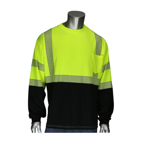 PIP 313-1280B-LY ANSI Type R Class 3 Long Sleeve T-Shirt with Black Bottom Front Hi-Vis Yellow