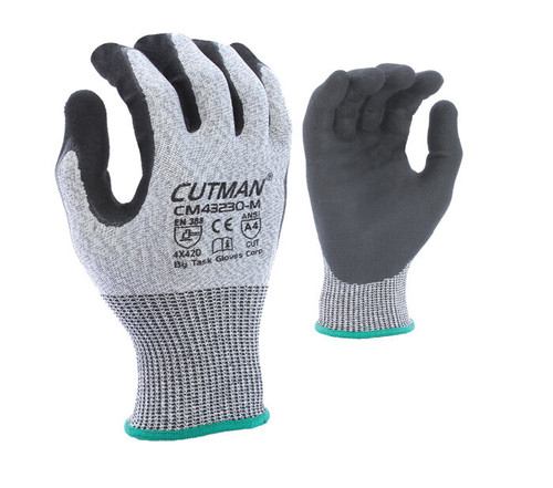 Task Gloves CM43230 CUTMAN 13 Gauge Gray HDPE Shell, Double dipped nitrile palm with sandy-foam nitrile finish, ANSI A4 Cut Resistant Gloves