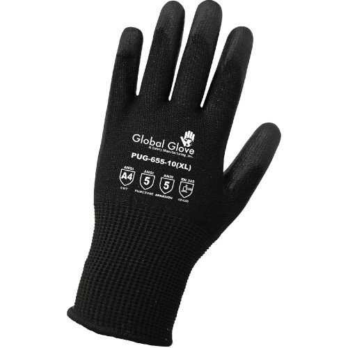Global Glove PUG-655-XS Smooth Polyurethane-Coated Black Seamless HPPE Cut, Abrasion, and Puncture Resistant Gloves