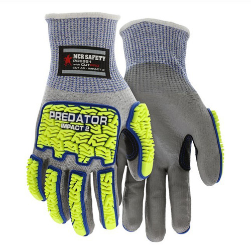 MCR Safety PD6951 Predator Mechanics Work Gloves Hi-Visibility Impact Resistant PU Coated ANSI A6 Work Gloves