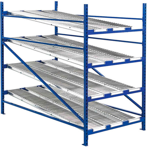 UNEX RR99S2R8X6-A Gravity Flow Roller Rack with Span Track Add-On 96"W x 72"D x 84"H with 4 Levels