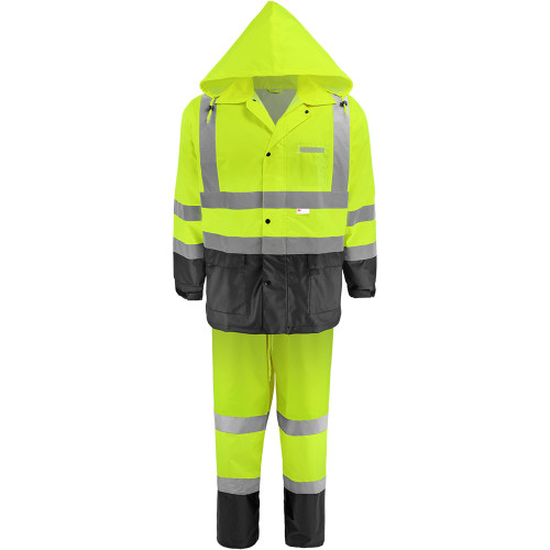 Global Glove GLO-1590 FrogWear HV High-Visibility Yellow/Green Two-Piece Rain Suit Polyurethane Coated 150D Oxford Polyester