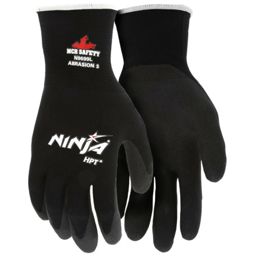 MCR Safety N9699 Ninja 15 Gauge Work Gloves Black Nylon Shell HPT Coated Palm and Fingertips