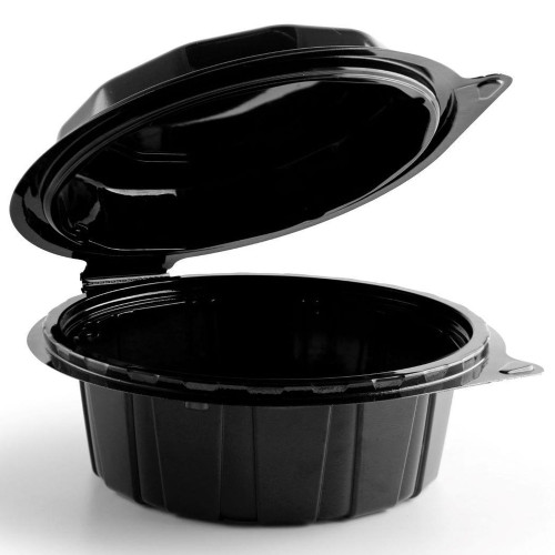 Anchor 10800310 Valu-Clamshell 7.5" Round Hinged Container 26 oz Deep Black Base With Black Tear-Away Lid