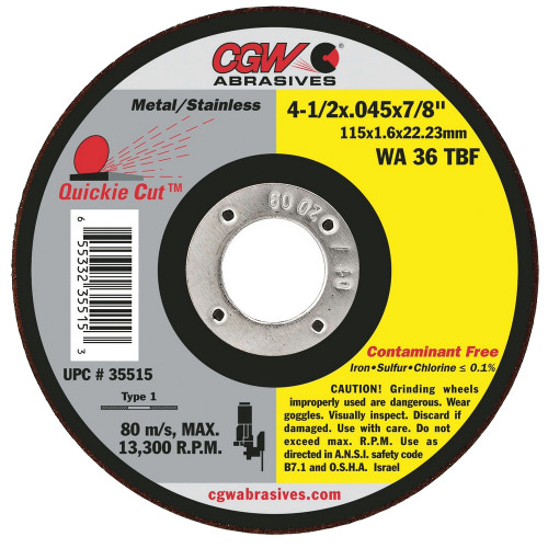 CGW 36301 5" X .045" X 7/8" Type 1 36-Grit White Aluminum Oxide Cutting Wheel