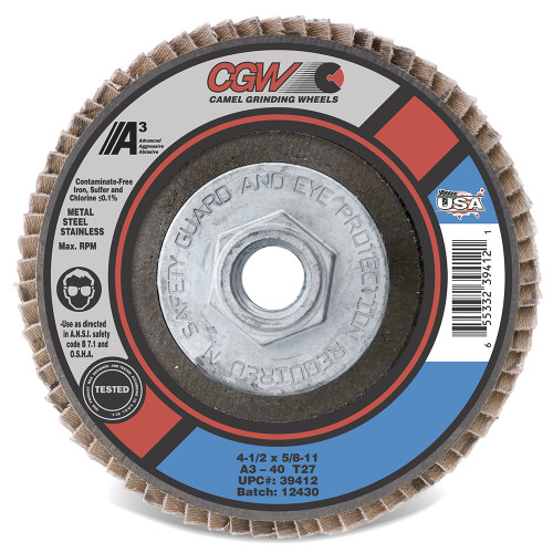 CGW 39412 4-1/2" X 5/8"-11 Type 27 40-Grit A3 Aluminum Oxide Flap Disc