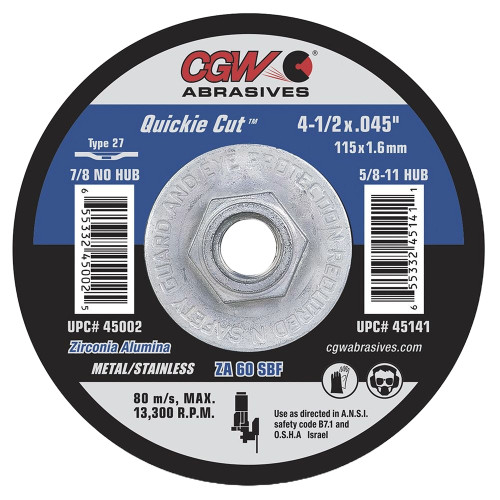 CGW 45047 9" X 1/16" X 7/8" Type 27 60-Grit Zirconia Cutting Wheel