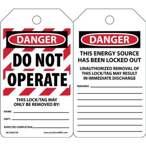 Accuform NMC MLT400PTP OSHA Danger Lockout Safety Tags: Do Not Operate Plastic 25/Pack