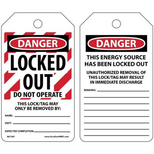 Accuform NMC MLT407LPM OSHA Danger Safety Tags: Locked Out - Do Not Operate Self-Laminating Plastic 25/Pack