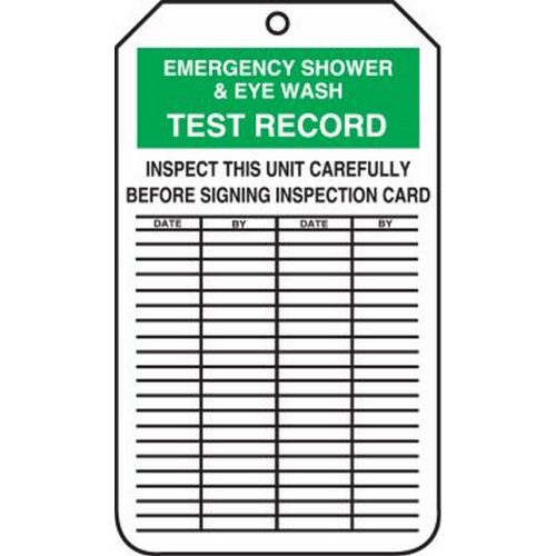 Accuform NMC MGT207PTP Safety Tag: Emergency Shower & Eye Wash Test Record - Inspect This Unit Carefully Before Signing Inspection Card Plastic 25/Pack