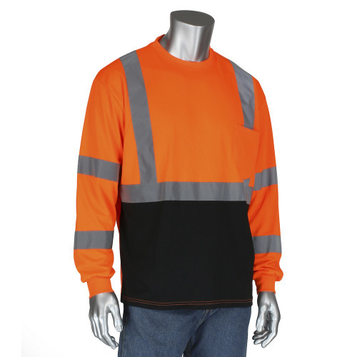 PIP 313-1390B-OR/S ANSI Type R Class 3 Long Sleeve T-Shirt with 50+ UPF Sun Protection and Black Bottom Front