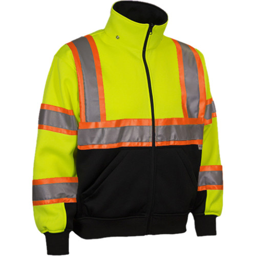 PIP 602CX-LB ANSI Type R Class 3 Two-Tone Full Zip Hooded Sweatshirt with Black Bottom and Removable Hood Hi-Vis Yellow/Black