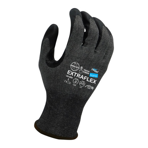 Armor Guys 04-550 18g ExtraFlex Cut Resistant Black Engineered Liner With Dark Gray HCT Nano Foam Nitrile Palm Coating And Nitrile Reinforced Thumb Crotch, ANSI A5