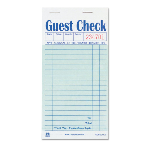 Royal GC6000-2 Guest Check Book, Carbon Duplicate, 3 1/2 x 6 7/10, 50/Book, 50 Books/Case