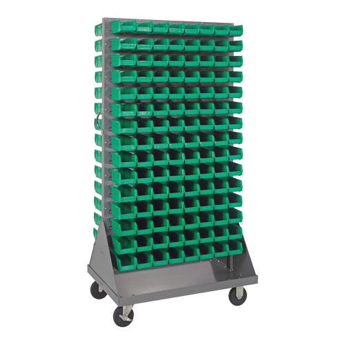 Quantum Storage Systems QMD-36H-220GN 36" x 25" x 72" Gray Steel Mobile Double-Sided Louvered Rack with (240) 7 3/8" x 4 1/8" x 3" Green Bins