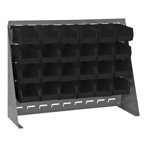 Quantum Storage Systems QBR-2721-220-24BK 27 3/4" x 8" x 21" Gray Steel Bench Rack with (24) 7 3/8" x 4 1/8" x 3" Black Bins