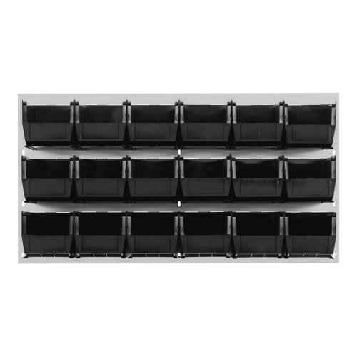 Quantum Storage Systems QLP-3619HC-230-18BK 36" x 19" Oyster White Steel Louvered Panel with (18) 10 7/8" x 5 1/2" x 5" Black Bins