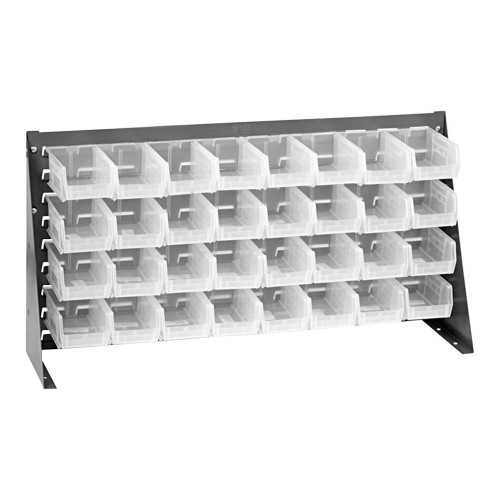 Quantum Storage Systems QBR-3619-220-32CL 36" x 19" Gray Steel Bench Rack with (32) 7 3/8" x 4 1/8" x 3" Clear Bins