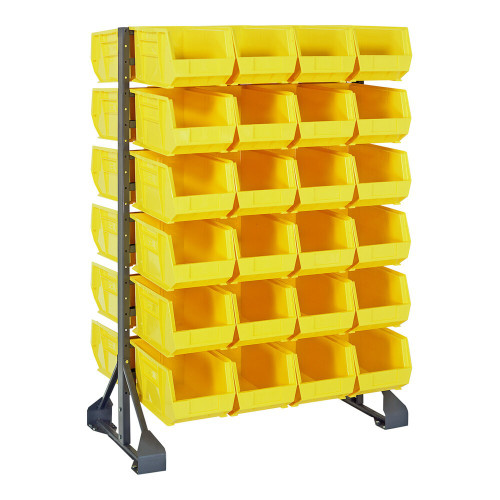 Quantum Storage Systems QRU-12D-240-48YL 36" x 20" x 53" Gray Steel Double-Sided Rail Rack with (48) 14 3/4" x 8 1/4" x 7" Yellow Bins and (12) Rails