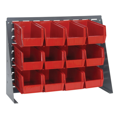 Quantum Storage Systems QBR-2721-230-12RD 27 3/4" x 8" x 21" Gray Steel Bench Rack with (12) 10 7/8" x 5 1/2" x 5" Red Bins