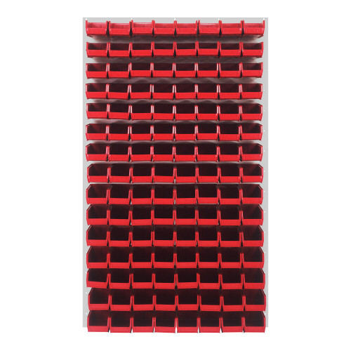 Quantum Storage Systems QLP-3661HC-220-120RD 36" x 61" Oyster White Steel Louvered Panel with (120) 7 3/8" x 4 1/8" x 3" Red Bins
