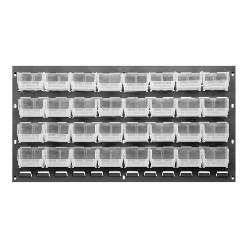 Quantum Storage Systems QLP-3619-220-32CL 36" x 19" Gray Steel Louvered Panel with (32) 7 3/8" x 4 1/8" x 3" Clear Bins