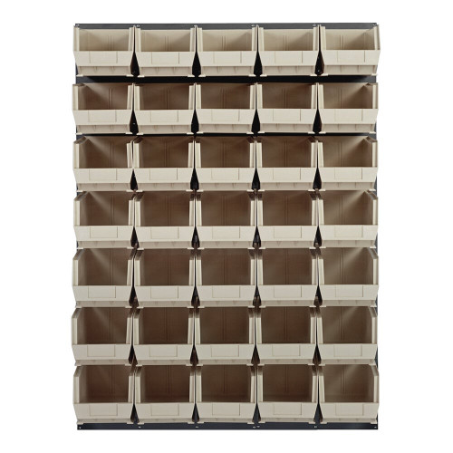 Quantum Storage Systems QLP-4861-240-35IV 48" x 61" Gray Steel Louvered Panel with (35) 14 3/4" x 8 1/4" x 7" Ivory Bins
