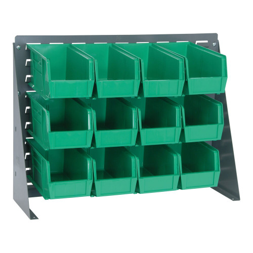 Quantum Storage Systems QBR-2721-230-12GN 27 3/4" x 8" x 21" Gray Steel Bench Rack with (12) 10 7/8" x 5 1/2" x 5" Green Bins