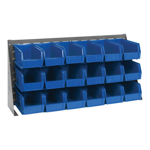 Quantum Storage Systems QBR-3619-230-18BL 36" x 19" Gray Steel Bench Rack with (18) 10 7/8" x 5 1/2" x 5" Blue Bins