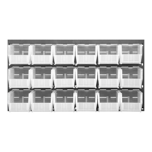 Quantum Storage Systems QLP-3619-230-18CL 36" x 19" Gray Steel Louvered Panel with (18) 10 7/8" x 5 1/2" x 5" Clear Bins