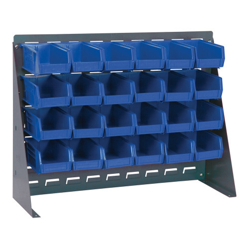 Quantum Storage Systems QBR-2721-210-24BL 27 3/4" x 8" x 21" Gray Steel Bench Rack with (24) 5 3/8" x 4 1/8" x 3" Blue Bins