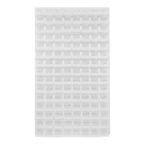 Quantum Storage Systems QLP-3661HC-220-120CL 36" x 61" Oyster White Steel Louvered Panel with (120) 7 3/8" x 4 1/8" x 3" Clear Bins