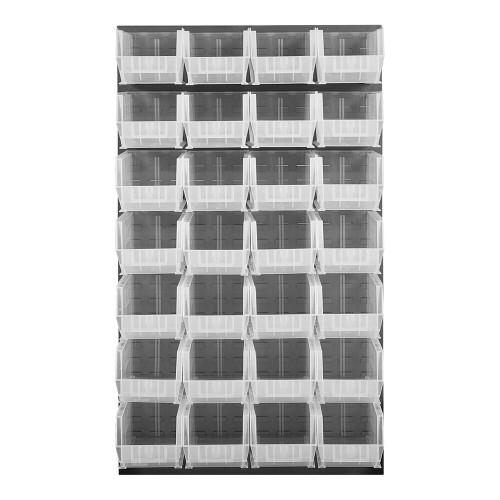 Quantum Storage Systems QLP-3661-240-28CL 36" x 61" Gray Steel Louvered Panel with (28) 14 3/4" x 8 1/4" x 7" Clear Bins