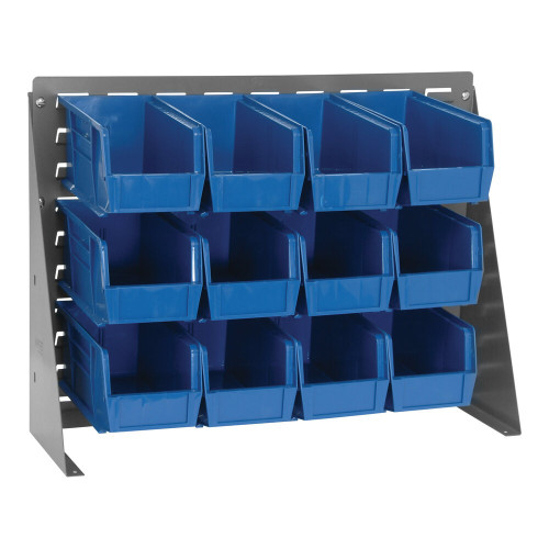 Quantum Storage Systems QBR-2721-230-12BL 27 3/4" x 21" Gray Steel Bench Rack with (12) 10 7/8" x 5 1/2" x 5" Blue Bins