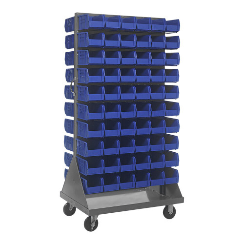 Quantum Storage Systems QMD-36H-230BL 36" x 25" x 72" Gray Steel Mobile Double-Sided Louvered Rack with (120) 10 7/8" x 5 1/2" x 5" Blue Bins